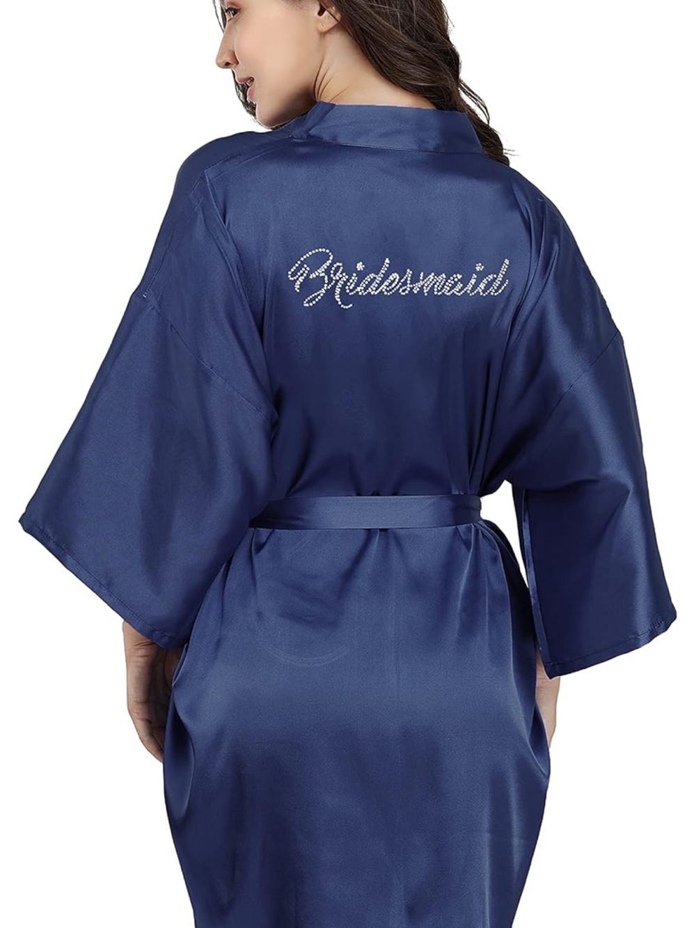 Bridesmaid Satin Robe in Navy Blue - Elegant Bridal Party Kimono